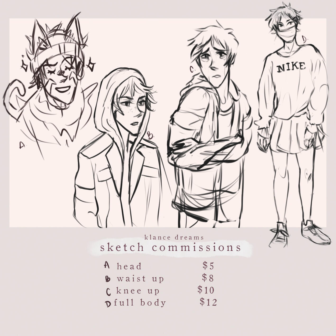 single character sketch commissions head $5 waist up $8 knees up $10 full body $12