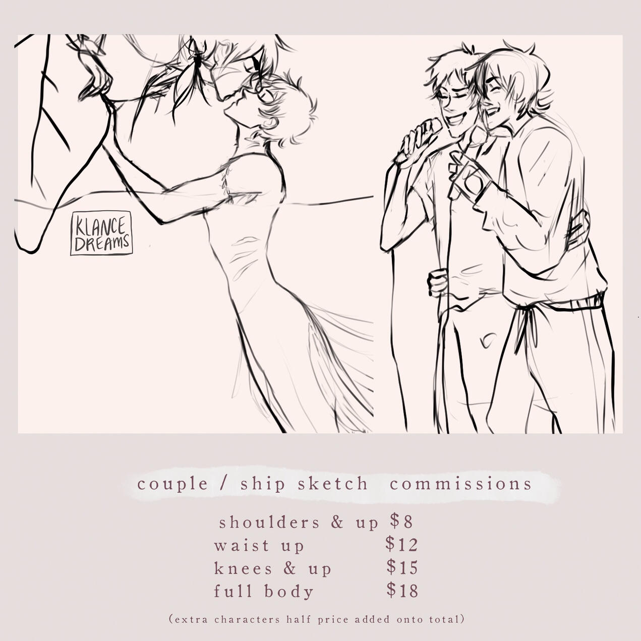 couple/ship sketch commissions shoulders & up $8 waist up $12 knees & up $15 full body $18