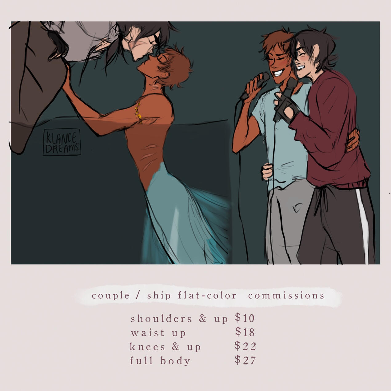 couple/ship flat-color commissions shoulders & up $10 waist up $18 knees & up $22 full body $27