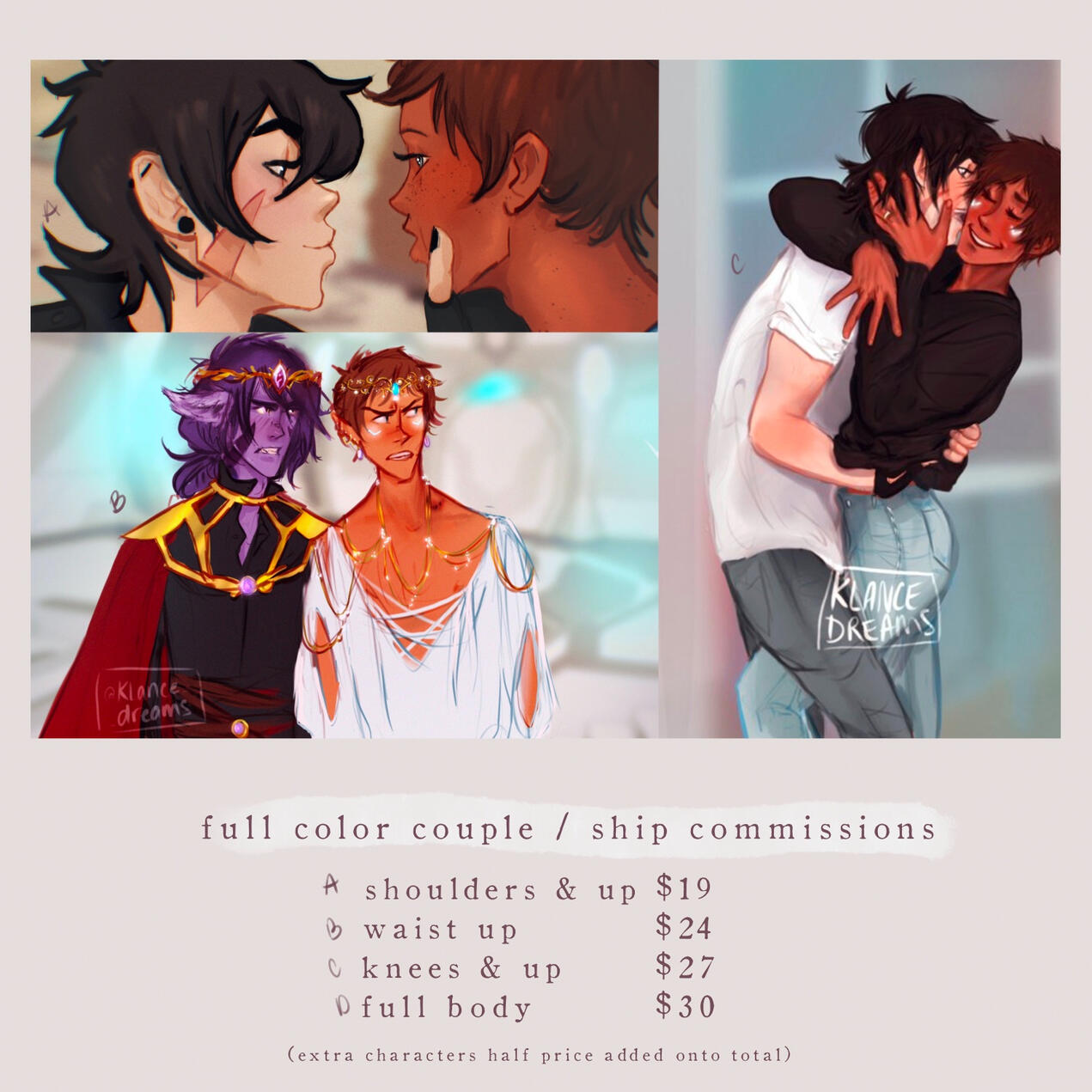 full color couple/ship commissions shoulders & up $19 waist up $24 knees & up $27 full body $30